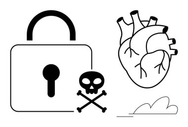 Padlock signifying protection, anatomical heart symbolizing life, skull and crossbones for danger. Ideal for health, safety, security, risk, anatomy danger awareness regulation themes. Simple flat