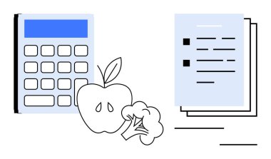 Hesap makinesi, elma, brokoli ve belgeler sağlıklı beslenme, yemek izleme ve kalori hesaplamalarını vurguluyor. Beslenme, sağlık, planlama fitness diyet yaşam tarzı için idealdir. Basit düz metafor.