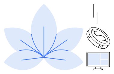 Stylized blue flower with branching lines, floating coin, and computer screen. Ideal for technology, innovation, digital finance, environment, business development nature creative solutions. Simple