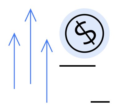 Blue upward arrows and dollar sign within a circle representing growth, success, and wealth. Ideal for finance, investment, economy, business growth, profit strategy, wealth management