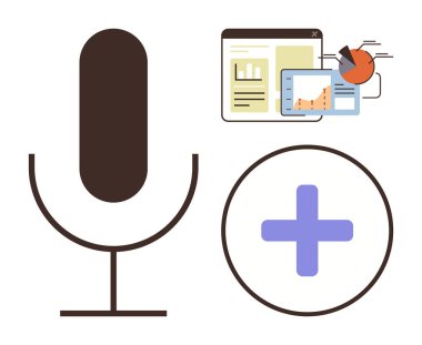 Microphone and cross symbol with data analytics charts on screens highlighting communication, healthcare, research, statistics, audio technology, digital trends, and collaboration. Simple flat
