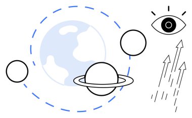 Earth, Saturn with rings, orbit paths, abstract arrows and open eye representing exploration, vision, curiosity, discovery, learning innovation creativity. Minimalist style simple flat metaphor