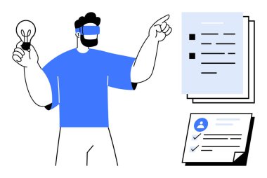 Male figure holding a light bulb representing an idea, wearing a VR headset, analyzing documents and a checklist. Ideal for innovation, creativity, technology, virtual solutions, productivity