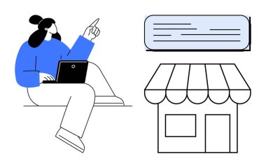 Woman sitting with laptop, pointing at text box beside small shop illustration. Ideal for online business support, e-commerce, communication, digital marketing, remote work, freelancing