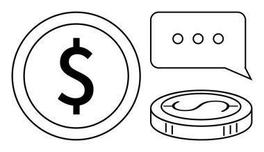 Dollar coin, stacked coin, and speech bubble with three dots. Ideal for finance, communication, digital payment, investment, budget transaction consultation. Simple flat metaphor