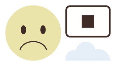 Sad face drawn in yellow, alongside a stop button-thumbs up square and a small blue cloud. Ideal for themes like pause, reflection, emotion, mental health, sadness, contemplation, and mindfulness