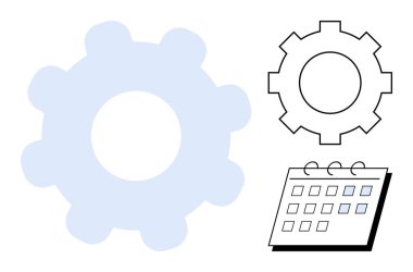 Large blue gear, black outlined gear, and calendar combine to convey planning, process, and task management. Ideal for project planning, teamwork, scheduling, workflow systems time management