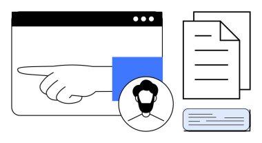 Hand pointing in a browser interface, user profile image, and documents signify navigation, guidance, user interaction, and data organization. Ideal for teamwork, task management, communication