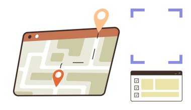 Digital map with two location markers showing planned navigation, paired with a task checklist interface. Ideal for navigation, planning, productivity, organization, task management, technology