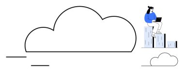 Üzerinde dizüstü bilgisayar kullanan bir kadının oturduğu büyük bir bulut. Teknoloji, veri depolama, uzaktan çalışma, yenilik, bulut hesaplama, bağlantı ve verimlilik için ideal. Basit düz metafor