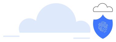 Large cloud shape and shield with fingerprint mark represent secure cloud storage and data protection. Ideal for technology, cybersecurity, data privacy, cloud services, safety, digital identity