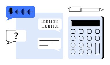 Mikrofon, sohbet baloncukları, ikili kod, hesap makinesi ve kalem, iletişim, teknoloji, yapay zeka, araştırma eğitimi ve dijital verimliliği öneriyor. Yenilikçi verimlilik öğrenimi için ideal