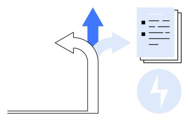 Curved and straight arrows pointing in different directions, checklist document, lightning icon. Ideal for choices, planning, strategy, efficiency, productivity ideas direction. Simple flat