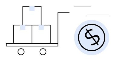 Handcart carrying stacked boxes with motion lines and dollar sign circle. Ideal for delivery, logistics, e-commerce, efficiency, finance, trade, supply chain as simple flat metaphor