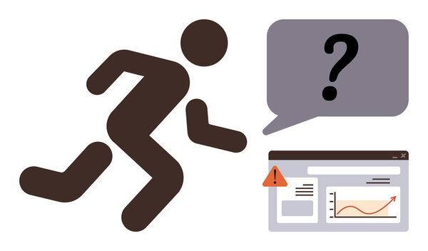 Person running toward a website interface displaying an error alert and graph speech bubble with a question mark. Ideal for problem-solving, urgency, troubleshooting, stress, inquiry, error handling
