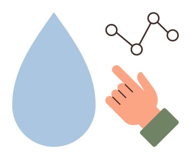 Hand making gesture near water drop and data chart, symbolizing analysis, sustainability, and connection. Ideal for water management, environmental impact, research, education, conservation