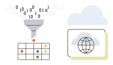 Funnel processes binary data into an organized grid, beside cloud icon with globe. Ideal for data analysis, technology, AI, big data, cloud storage, digital transformation, simple flat metaphor