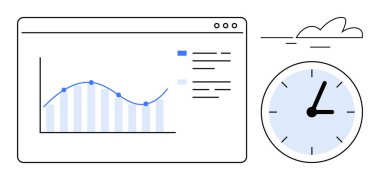 Line graph in a browser window beside a clock and abstract cloud accent. Ideal for analytics, time tracking, productivity, planning, efficiency, workflow, digital tools. Simple flat metaphor