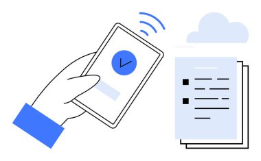 Hand holding a phone with a checkmark and connection signals, completing file transfer to cloud-stored documents. Ideal for technology, cloud storage, data sharing, online security, productivity