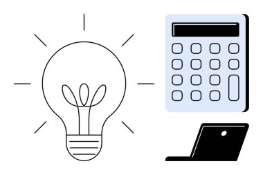 Ampul, hesap makinesi ve dizüstü bilgisayar yaratıcılığı, finansal verimliliği ve dijital aletleri vurgular. İş, yenilik, üretkenlik stratejisi, teknoloji eğitimi finansmanı için idealdir. Basit düz