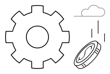 Large gear, falling coin, and small cloud illustrate concepts of industry, innovation, economic processes, and resource optimization. Ideal for economy, technology, teamwork automation