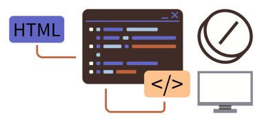 Coding interface with lines of code, HTML label, development tag, desktop screen, and debugging icon. Ideal for coding, programming, development web design debugging software technology. Simple clipart svg vector 