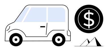 Minimalist car illustration alongside a dollar coin and triangular chart. Ideal for finance, transportation, affordability, investment, economy, mobility, and sustainability themes. Simple flat
