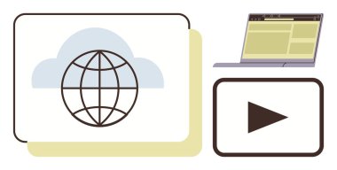 Globe inside a cloud, a laptop with a browser, and a play button for video content. Ideal for technology, networking, cloud computing, media sharing, online education, digital marketing seamless