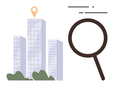 High-rise office buildings with green plants, location pin symbolizing pinpointing, and magnifying glass for search, research, business strategy, urban planning, and navigation. Ideal for real
