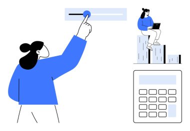 Woman operates slider for metrics another sits on bar graph with laptop. Calculator links analytics, teamwork, research, calculation, productivity, data visualization, simple flat metaphor