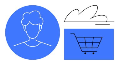 Çemberdeki soyut yüz, alışveriş arabası ve bulut müşteri kimliğini, e-ticareti ve dijital bağlantıyı sembolize eder. Perakende, pazarlama, veri, teknoloji bulut hesaplama müşterisi için ideal