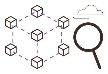 Blocks linked in a network grid, magnifying glass highlighting research or investigation, cloud overhead. Ideal for blockchain, data security, research, analysis, technology, decentralization simple