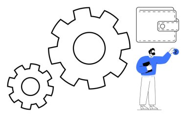 Gears symbolize processes, wallet signifies savings, man holding coin represents finance and growth. Ideal for business strategy, money management, innovation, teamwork, efficiency, planning simple