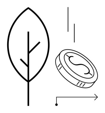 Bir yaprak ve madeni para içeren minimalist tasarım. Sürdürülebilirlik, ekoloji, yatırım, finans, büyüme, çevre koruma ve yeşil ekonomi için idealdir. Basit düz metafor