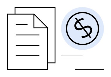 Two documents and a dollar sign enclosed in a circle representing finance, paperwork, and accounting. Ideal for business, finance, budgeting, contracts, transactions, payments savings simple flat