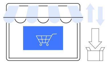 Online alışveriş, lojistik, perakende, nakliye ve iş büyümesini temsil eden tenteli, el arabası ikonu, teslimat kutusu ve okları olan dijital mağaza önü. E-ticaret dağıtımı için ideal dijital perakende