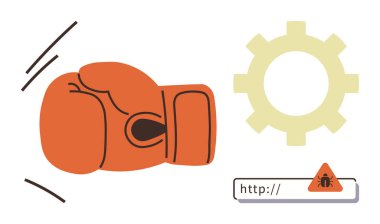 Boxing glove striking gear with caution alert on web link, representing defense against software bugs, cybersecurity, malware, error handling, and system protection. Ideal for technology, security