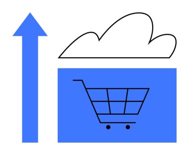 Cloud above a shopping cart with a bold upward arrow symbolizing e-commerce, cloud computing, technology, sales growth, innovation, market trends, and business analytics. Ideal for digital