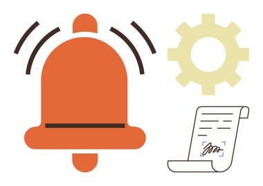 Titreşimli zil, dişli ve imzalı belge bildirimleri, ayarları, iş akışını ve görev yönetimini sembolize eder. Üretkenlik için idealdir, anlaşmaları uyarır otomasyon süreçlerini hatırlatır. Basit düz