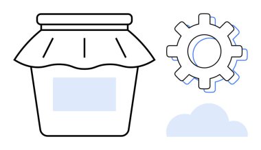 Jam jar with fabric lid, gear depicting settings or processes, and a cloud for digital storage. Ideal for teamwork, digital tools, cloud computing, productivity, management, customization simple