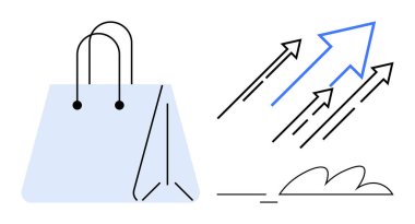 Shopping bag alongside upward-pointing arrows signifying growth, success, and progress. Ideal for e-commerce, retail, marketing, economic trends, business growth, online shopping sales