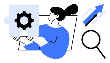 Elinde bulmaca parçası tutan kadın, gelişmeyi temsil eden büyüyen oklar ve aramayı sembolize eden büyüteç. Problem çözme, yenilik, strateji, büyüme, araştırma, analiz için ideal basit düz