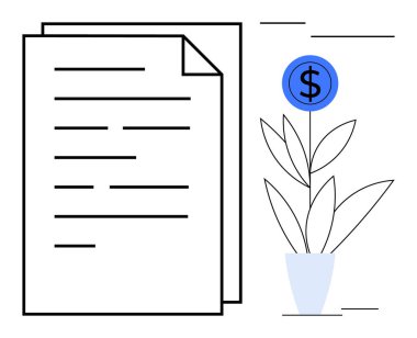 Dolar işareti olan bir bitkinin yanında mali büyüme ve başarıyı simgeleyen belgeler. Yatırım, iş planlaması, tasarruf, ekonomi stratejisi, muhasebe, gelir büyümesi için ideal