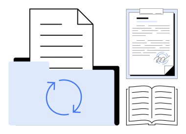 Folder with synchronization icon, open document, contract with signature loop, and book. Ideal for data management, document sharing, workflow, contracts, organization archiving simple flat