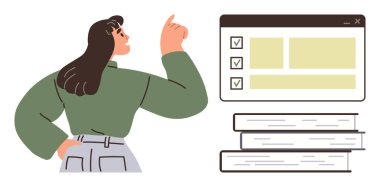 Confident woman pointing at checklist interface with three items next to stacked books. Ideal for education, organization, task management, productivity, planning, goal setting, simple flat metaphor