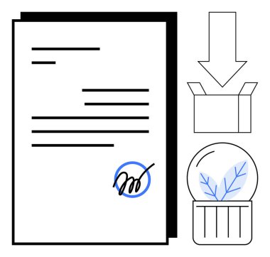 Kalın imzalı belge, üzerinde ok olan teslimat kutusu ve yapraklı dairesel sembol. Sözleşmeler için ideal, e-imza, dağıtım hizmetleri, iş operasyonları, çevre bilinci