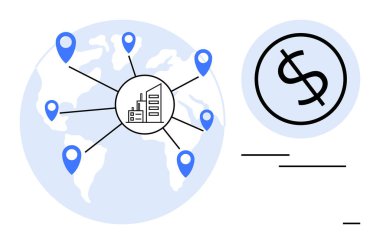 Merkezi bir iş binasına ve dolar işaretlerine bağlı olan dünya haritası. Küreselleşme, finans, yatırım, ticaret, ekonomi, lojistik ve pazarlama için ideal. Basit düz metafor