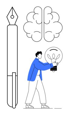 Beyin ve kalemin yanında ampul tutan adam yaratıcılığı, düşünmeyi, problem çözmeyi, eğitimi, yeniliği beyin fırtınasını ve ilhamı sembolize ediyor. Kavramsal entellektüel temalar için ideal. Basit.