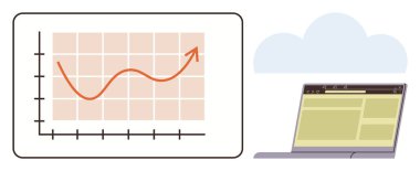 Yukarı doğru eğilimli grafikler, gösterge panelli dizüstü bilgisayar ve veri analizi, teknoloji, bulut hesaplama, iş büyümesi, dijital pazarlama, eğilimler ve yenilik için düz metafor
