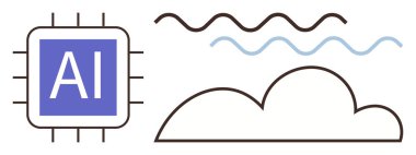AI processor chip with wavy lines connected to a cloud outline. Ideal for AI, cloud computing, technology, data, networks, innovation, digital solutions. Simple flat metaphor